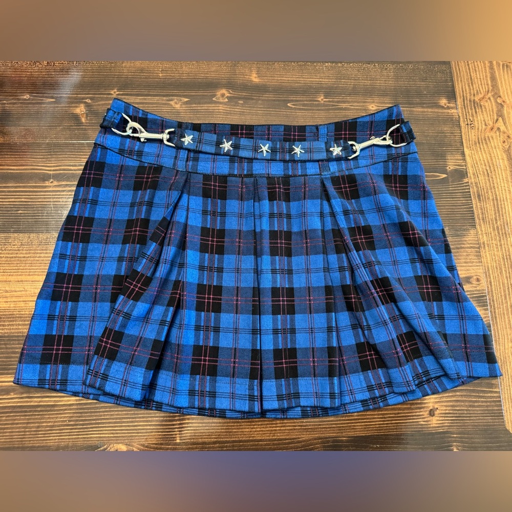 Y2K Blue Plaid Pleated Mini Skirt with Star-Detail Belt Size M